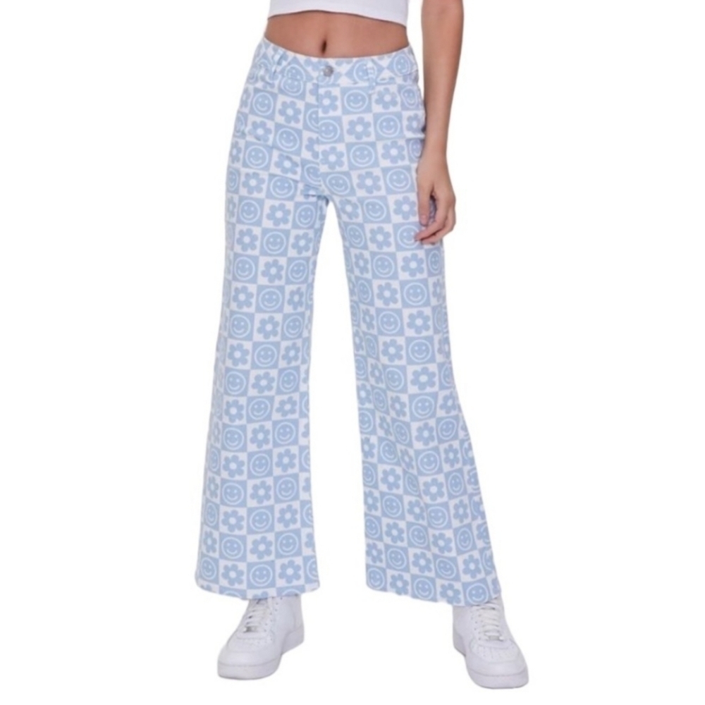 Forever21  Smiley Face  Flower Checkered Denim  Pants —Size 16
